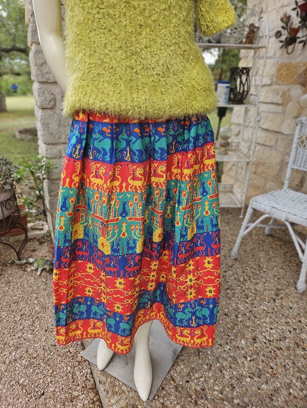 Vintage Claude Brazil Cotton Circle Skirt MCM Dragons Birds Size Small